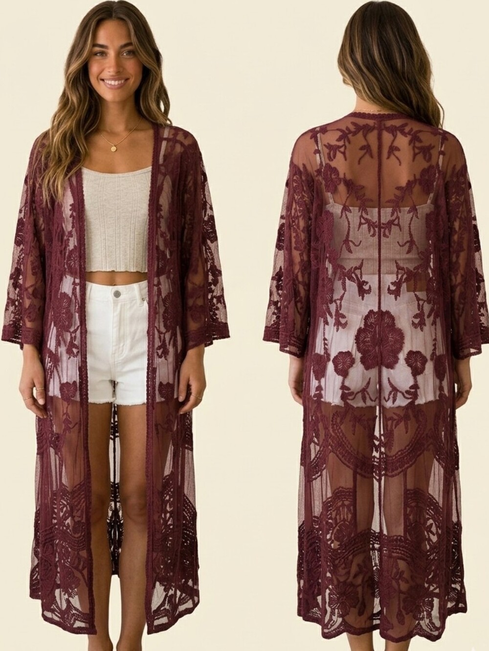 Sheer Embroidered Floral Lace Long Kimono Duster Burgundy Wine Red Boho